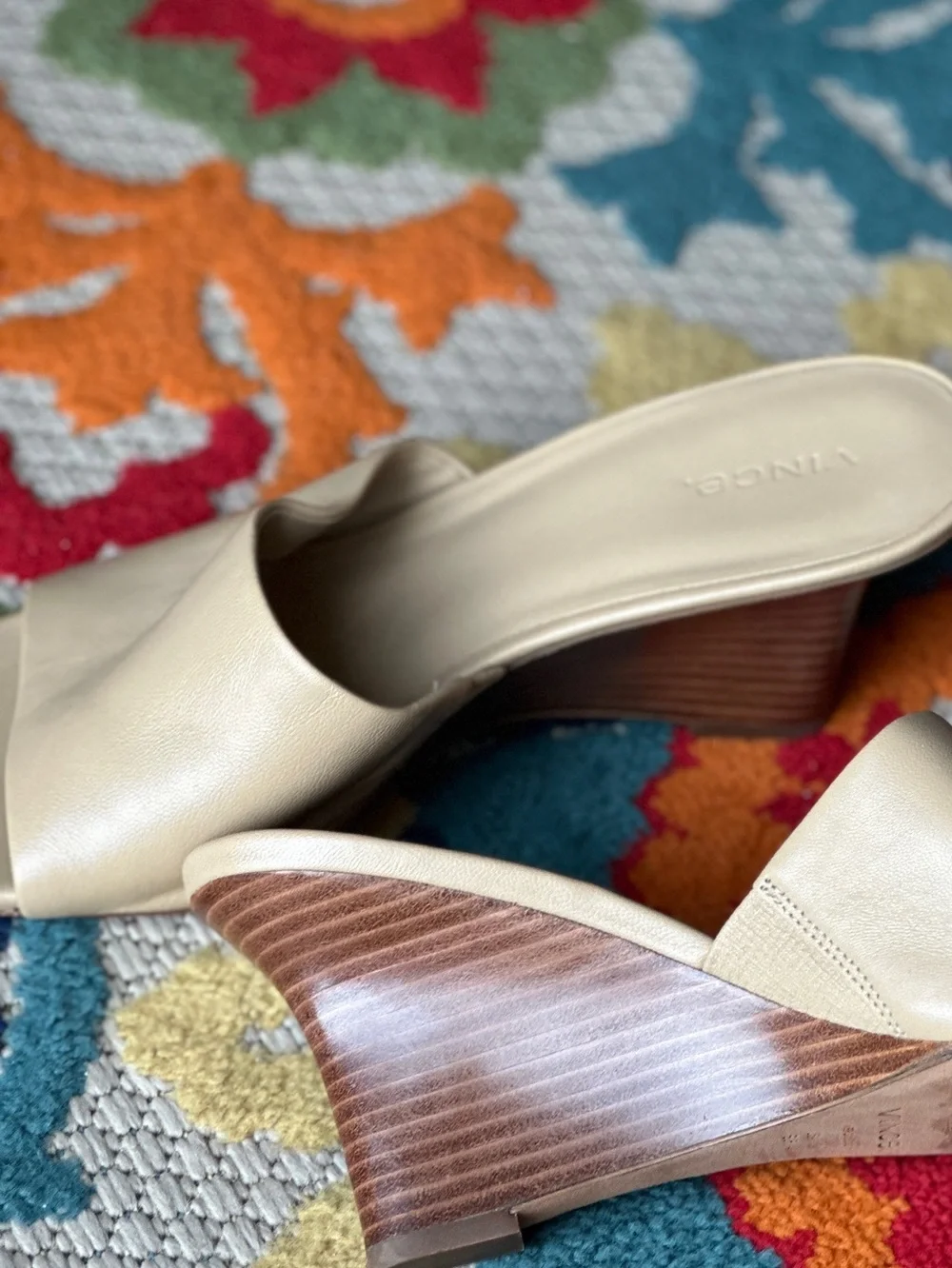 Vince Pia Leather Slide Wedge Sandals Beige Nude Square Toe Size 10M
